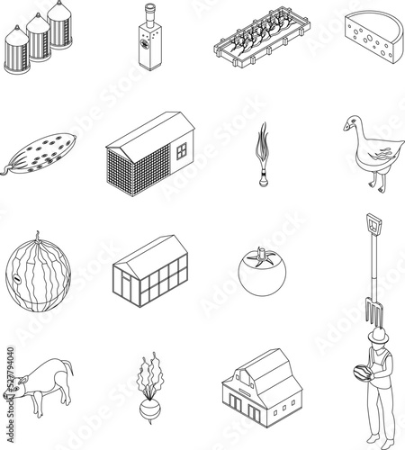 Eco farming icons set. Isometric set of eco farming vector icons outline thin lne isolated on white