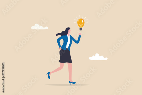 Businesswoman thinking about idea, solution or strategy planning, career or occupation, expertise or professional to solve problem concept, cheerful businesswoman got new idea lightbulb in her hand.