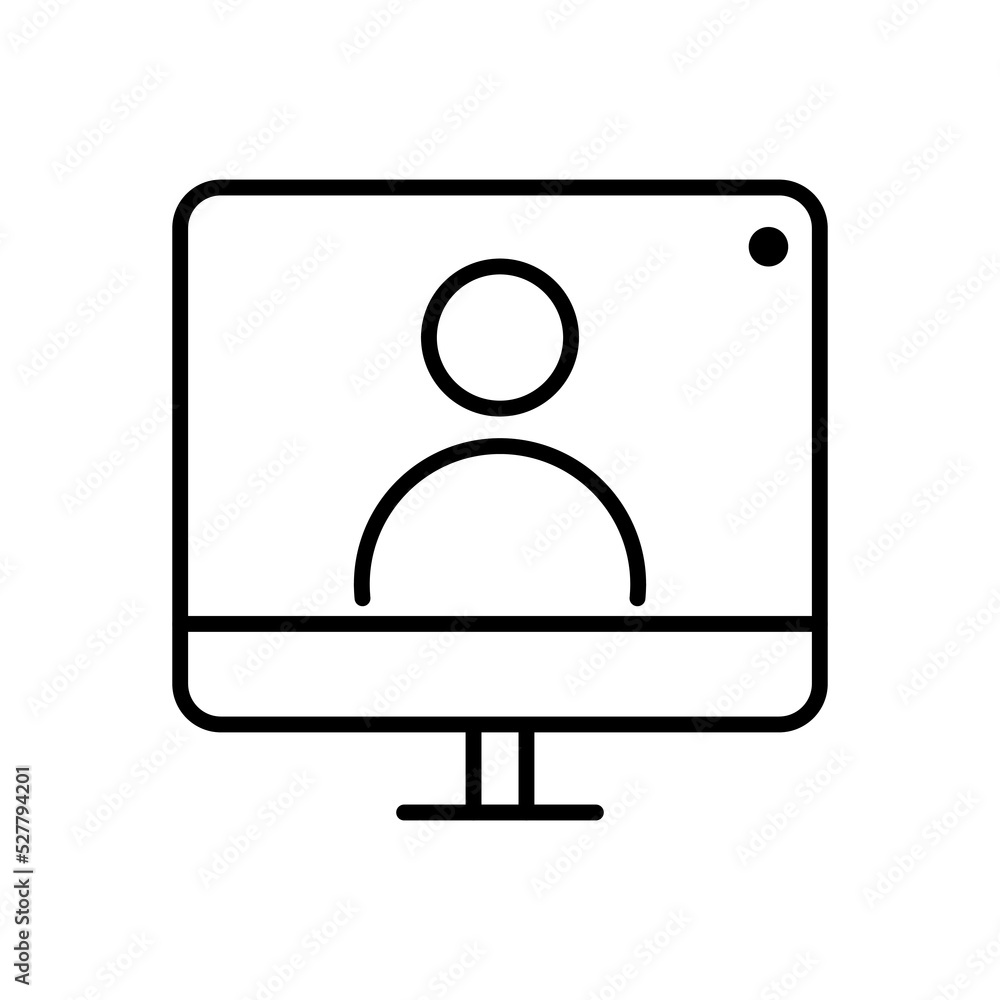 Person at the monitor. Speech bubble, video lesson, commentary, explanation, laptop, online learning, distance learning. Vector line icon for Business and Advertising Person at the monitor. Speech bubble, video lesson, commentary, explanation, laptop, online learning, distance learning. Vector line icon for Business and Advertising