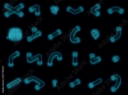 Pipe icons set. Isometric set of pipe vector icons neon color on black photo