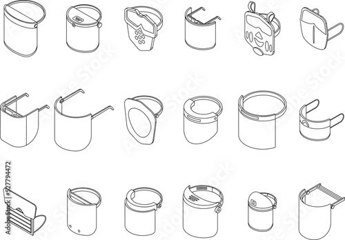 Face shield icons set. Isometric set of face shield vector icons outline thin lne isolated on white