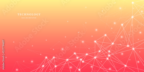 Geometric abstract background. Connected lines and dots, triangles on a yellow-pink background. Molecular structure and connection. Science, medicine, technology concept. Vector illustration.