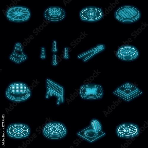 Manhole icons set. Isometric set of manhole vector icons neon color on black