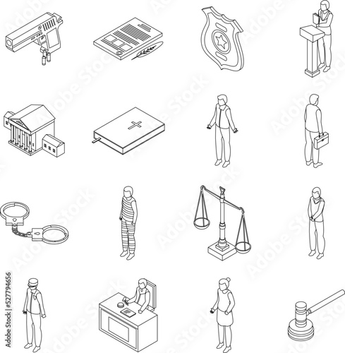 Criminal justice icons set. Isometric set of criminal justice vector icons outline thin lne isolated on white