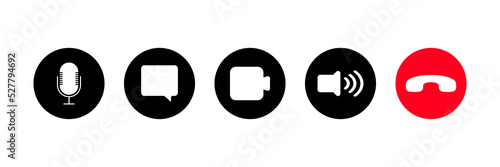 Vector illustration of call buttons. Turn the microphone on and off, chat, correspondence, video chat, volume, speakerphone, hang up. Vector line icon for Business and Advertising