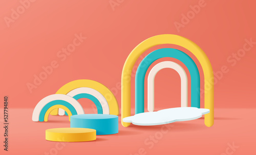 Stand and display colorful. 3D rendering. A scene for advertising, Minimalist mockup for podium display or showcase.