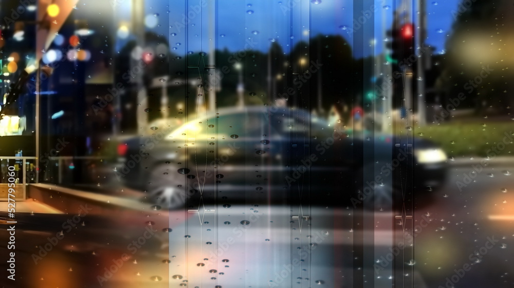 Rainy city view from window frame car street traffic lights blurred on asphalt Autumn weather defocus background Rainy city view from window frame car street traffic lights blurred on asphalt Autumn weather defocus background