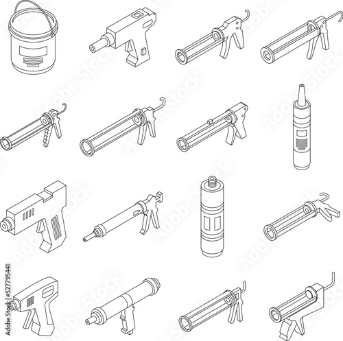 Silicone caulk gun icons set. Isometric set of silicone caulk gun vector icons outline thin lne isolated on white