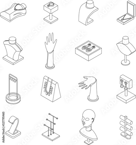 Jewelry dummy icons set. Isometric set of jewelry dummy vector icons outline thin lne isolated on white
