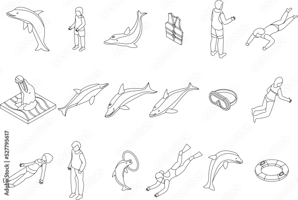 Swim with dolphins icons set. Isometric set of swim with dolphins vector icons outline thin lne isolated on white