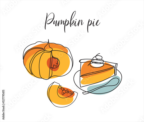 Outline drawing of pumpkin pie. Contour of a pumpkin and a piece of pie with bright abstract elements. Autumn Thanksgiving food vector illustration. Autumn pumpkin line art. Minimalist art