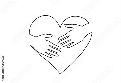 continuous line drawing of hand hugging heart, hug. Vector