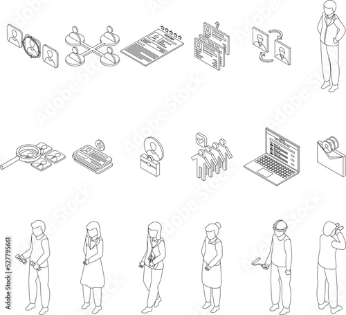 Human resources icons set. Isometric set of human resources vector icons outline thin lne isolated on white