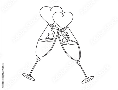 Continuous one line drawing of cheers two glasses with champagne and hearts. Romantic toast concept  in linear style isolated on white background. Vector illustration