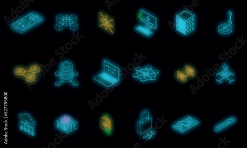 Block chain icons set. Isometric set of block chain vector icons neon color on black