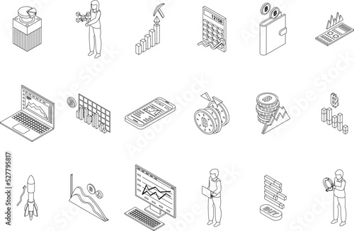 Bitcoin chart icons set. Isometric set of bitcoin chart vector icons outline thin lne isolated on white