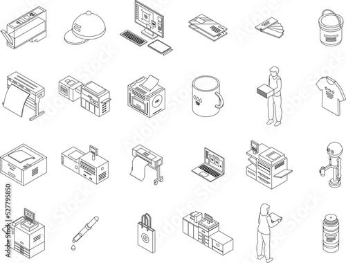 Digital printing icons set. Isometric set of digital printing vector icons outline thin lne isolated on white