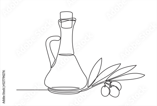 Linear vector icon of the bottle with olive oil and olive -Continuous one line drawing