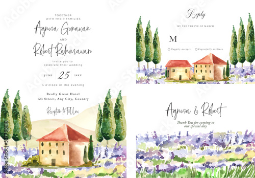 Wedding Invitation set with lavender hills and trees