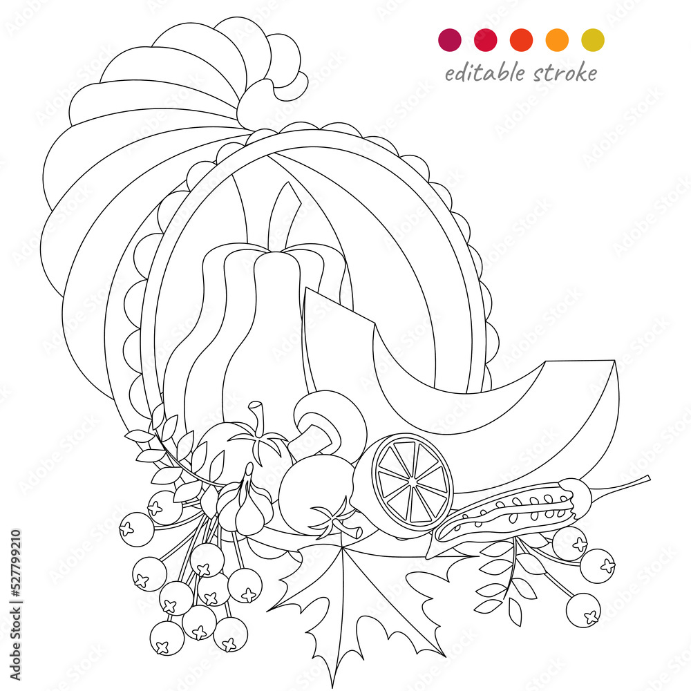 Still life with cornucopia, pumpkin, leaves and vegetables. Autumn collection. Relaxation coloring template. Still life with cornucopia, pumpkin, leaves and vegetables. Autumn collection. Relaxation coloring template.