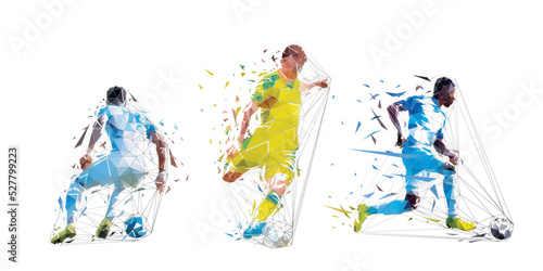 Soccer, group of football players with ball, low polygonal footballers, geometric isolated vector illustration from triangles. Soccer set