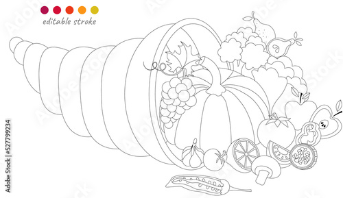 Still life with cornucopia, pumpkin, vegetables and fruits. Autumn collection. Relaxation coloring template.