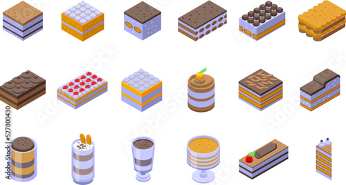 Tiramisu icons set isometric vector. Food cake. Cream bakery
