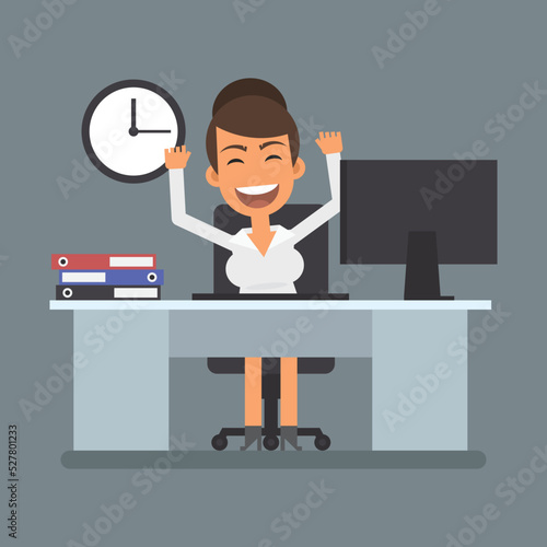 Business woman sits at computer desk and rejoices success
