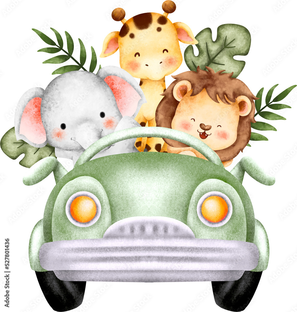 Watercolor cute safari animals in the car - obrazy, fototapety, plakaty 