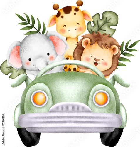 Watercolor cute safari animals in the car