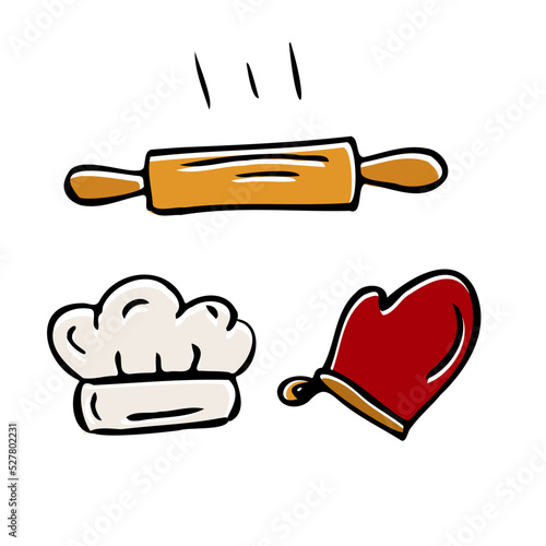 Hand drawn illustration with Kitchen Utensils. Actual vector drawing of cooking tools. Creative doodle style ink art work. Kitchen set