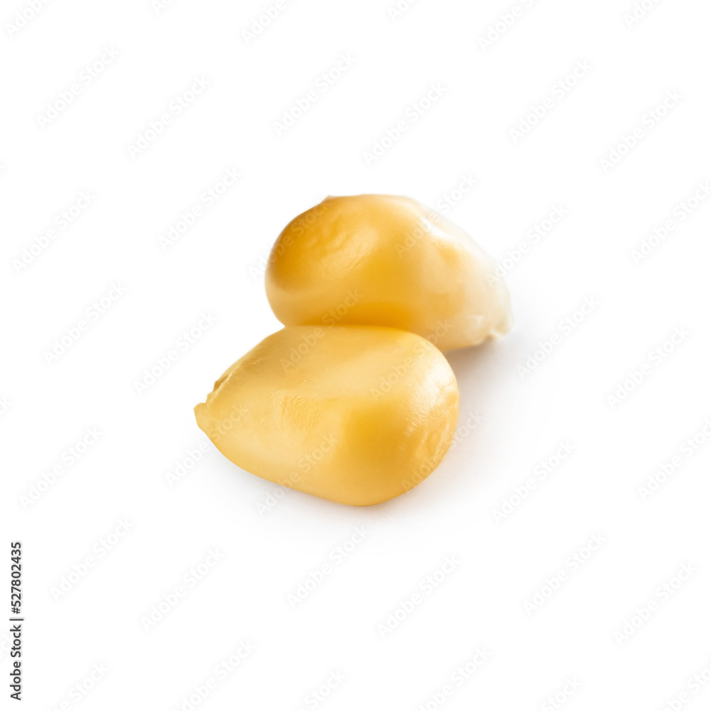 Tasty fresh corn kernels on white background