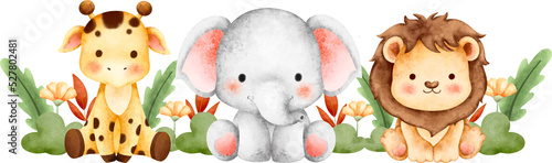 Canvas Print Watercolor happy cute safari animals banner