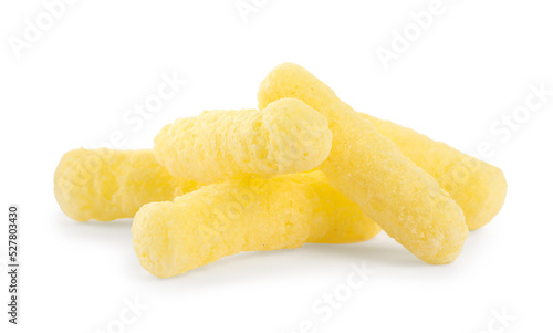Pile of tasty corn puffs on white background
