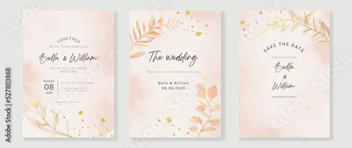 Luxury botanical wedding invitation card template. Minimal watercolor card with pink color, leaves branches, foliage, grass. Elegant blossom vector design suitable for banner, cover, invitation.