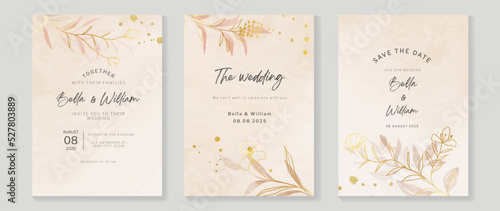 Luxury botanical wedding invitation card template. Minimal watercolor card with flowers, leaves branches, foliage, grass. Elegant blossom vector design suitable for banner, cover, invitation.
