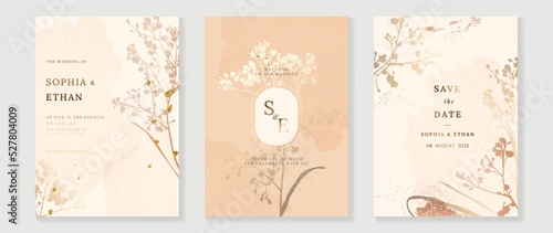 Luxury botanical wedding invitation card template. Minimal watercolor card with flowers, wildflowers, foliage, wild grass. Autumn elegant blossom vector design suitable for banner, cover, invitation.