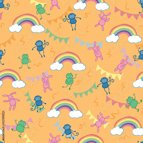 Rainbow Cloud Frog Bunny Rabbit Monkey Bunting Flags Streamers Seamless Pattern