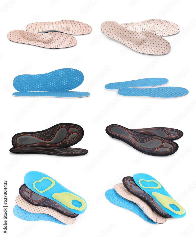 Set with different orthopedic insoles on white background Set with different orthopedic insoles on white background