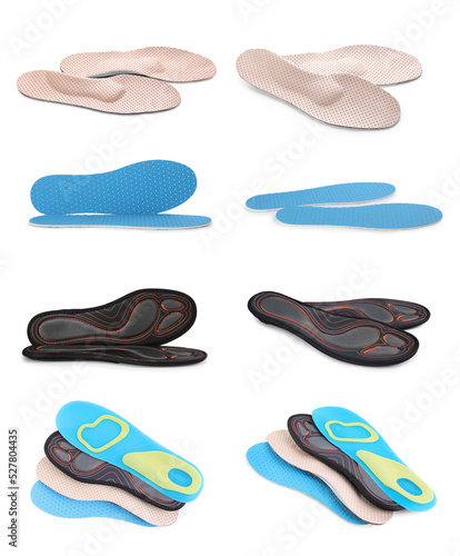 Set with different orthopedic insoles on white background
