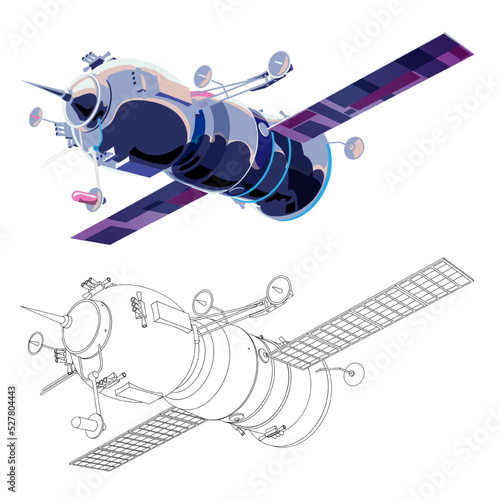 Vector illustration card with spaceship satellite and coloring. Space history program, human exploration of near space. Picture with 3d model flying spaceship. Isolated