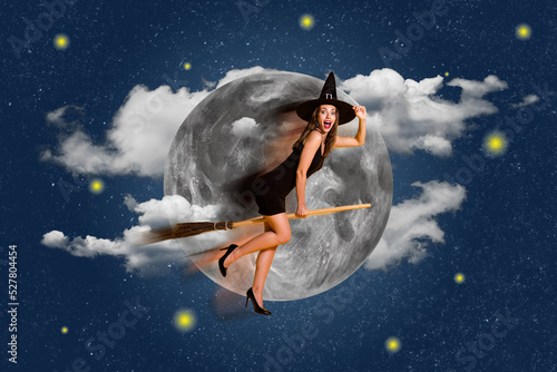 Tableau sur toile Collage picture of excited witch girl flying broomstick wear hat isolated on nig