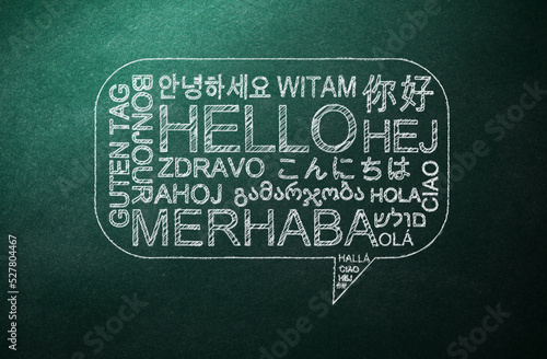 Greeting words in different foreign languages written on green chalkboard photo