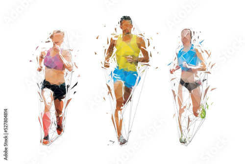 Run, group of running people, man and women, low polygonal vector illustration, front view, geometric drawing from triangles. Set of runners