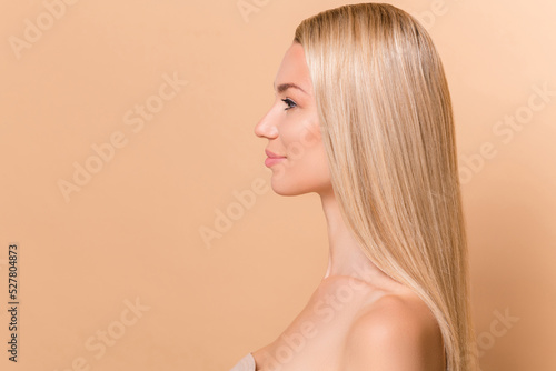 Profile side photo of lady look empty space present anti dander lotion product oily haircut isolated over beige color background photo