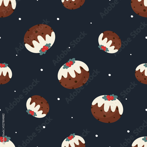 Vector seamless pattern with Christmas pudding. For card, posters, banners, printing on the pack, printing on clothes, fabric, wallpaper.