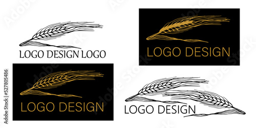 Logo with wheat or barley plants branch. Sketch vector illustration. Emblem, sign. Badge for design of natural ecology products, for shop or product design.