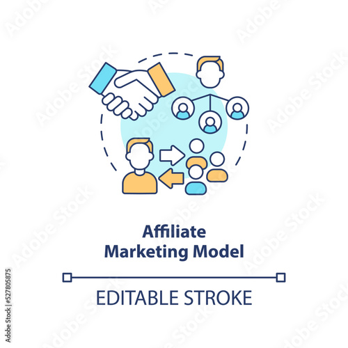 Affiliate marketing model concept icon. Paying commission. Creator business model abstract idea thin line illustration. Isolated outline drawing. Editable stroke. Arial, Myriad Pro-Bold fonts used