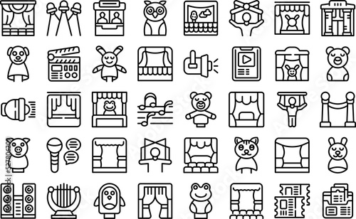 Puppet theater icons set outline vector. Doll marionette. Kid theater
