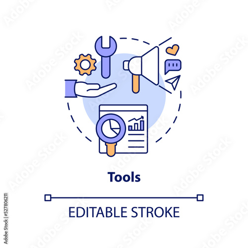 Tools concept icon. Marketing instruments. Creator economy stakeholder abstract idea thin line illustration. Isolated outline drawing. Editable stroke. Arial, Myriad Pro-Bold fonts used